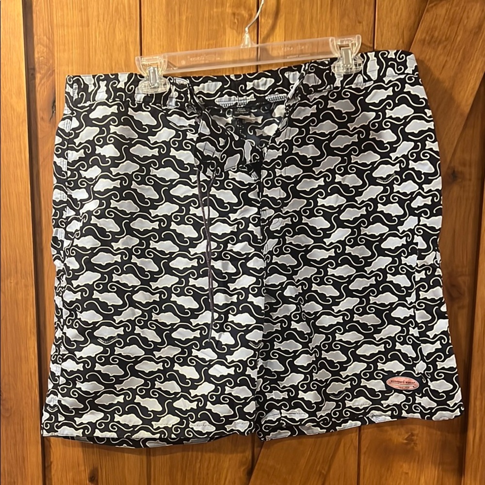 Vineyard Vines Black and White Athletic Shorts with Ocean Motif